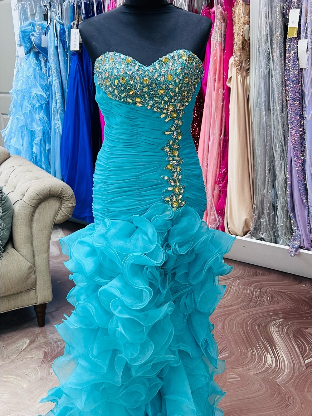 Cinderella Turquoise Beaded Sweetheart Ruffled Mermaid Gown